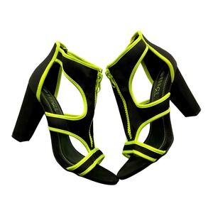 NWOT Rouge Helium Neon Yellow Black Cutout Block Heel Sandals Size 8.5 Zip Up